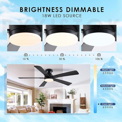 52 inch Ceiling Fans with Lights, Black Flush Mount Ceiling Fan with Remote, 3CCT, LED Dimmable, Reversible, 6 Fan Speeds, Quite Low Profile Ceiling Fan with Lights Modern Bedroom Kitchen Indoor