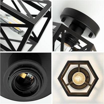 Modern Semi Flush Mount Ceiling Light,1-Light Hexagon Flush Mount Ceiling Lights for Dining Room Light Fixture,Farmhouse Black Metal Kitchen Island Lighting Fixtures for Hallway,Bathroom