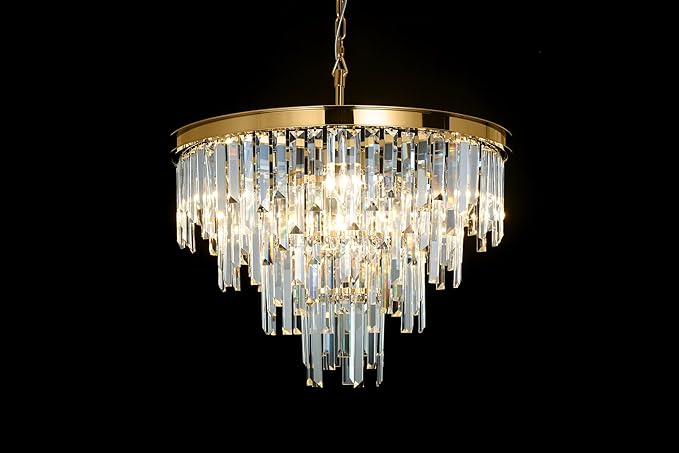 Gold Top K9 Crystal Chandelier Modern Lighting Fixture, 9 Lights Round K9 Crystal Adjustable Hanging Lamp for Dining Room Bedroom Living Room,Hallway,Bar,Kitchen W24''