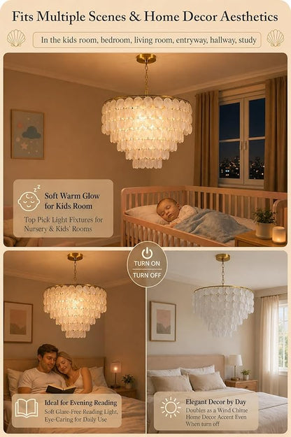 H16'' x D24'' Capiz Shell Chandelier with 5 Tiers Shell, Large Light Fixture Boho Farmhouse Ceiling Lights Entryway for Bedroom Bathroom Kitchen, (More Additional Shell Parts Included), Gold