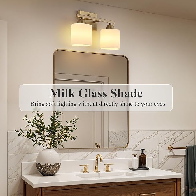 Mecgirn Milk Glass Vanity Lights for Bathroom, 2 Light Antique Matte Brass Bathroom Vanity Light Fixtures Over Mirror, Ceramic E26 Sockets Wall Mounted