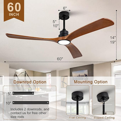 60 inch Ceiling Fans with Lights and Remote Control,Wall Switch,Solid Wood Blades,Dimmable,Reversible Noiseless,Power Off Memory Modern Black Ceiling Fan for Bedroom Patio Indoor/Outdoor Use