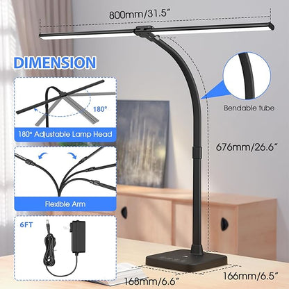 ShineTech LED Desk Lamp for Home Office, 24W Double Head Desk Light with Wireless Charging, USB Port, Adjustable Lamps, 5000K Daylight White