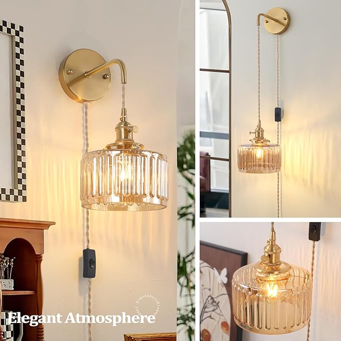 Shenmoyl Vintage Wall Sconce Wall Lamp with Amber Striped Glass Shade Hanging Wall Sconce with 4.9FT Plug in Cord, Modern Wall Lamp Fixtures Decor for Bedside Bedroom Indoor Doorway