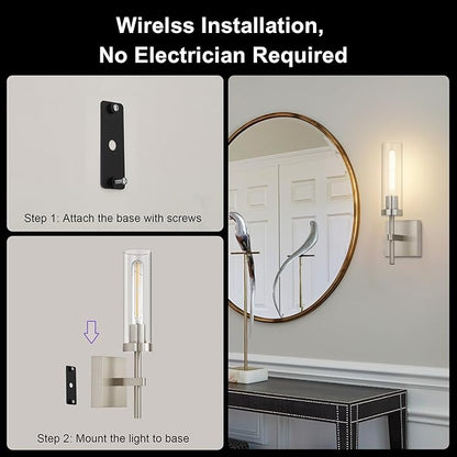 SANTOSTOCK Brushed Nickel Battery Operated Wall Sconces with Remote Control, Wireless Wall Sconce Set of 2, Rechargeable Cordless Wall Lights for Living Room Bathroom Hallway Entryway Stairwell, 3000K