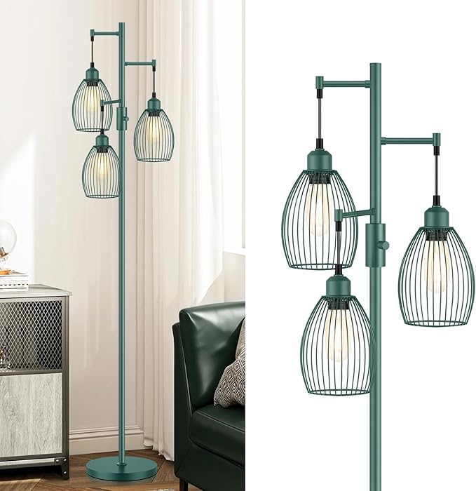 Dimmable Floor Lamp, Industrial Floor Lamps for Living Room, Green Tree Lamp Standing Lamp Tall Lamps with 3 Elegant Teardrop Cage Head & 800 Lumens LED Bulbs for Living room Bedroom Dining Room