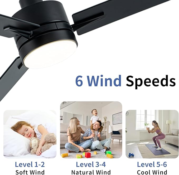 LANMEL 42 Inch Metal Ceiling Fan with Light, Modern Flush Mount Low Profile with Remote Control, Reversible, 3cct Dimmable, Quiet, Black LED for Bedroom, Living Room, Indoor/Outdoor Patio Use
