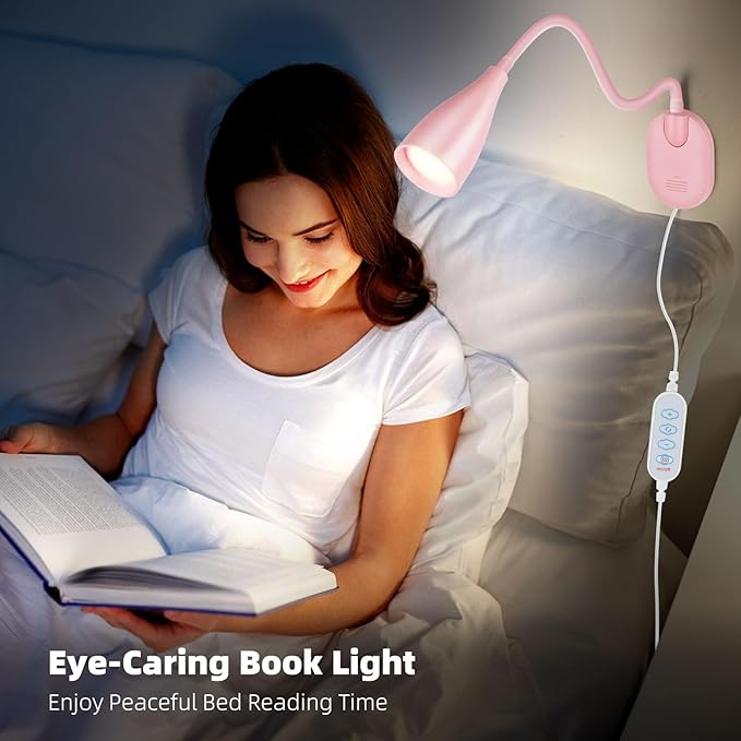 LiFMIRA Wall-Mounted LED Bedside Reading Light with USB Charging Port, 10-Level Dimmable & Adjustable 5 Color, Plug-in Adhesive Night Lamp for Books in Bed, Eye-Caring Bedroom Lighting (Pink)