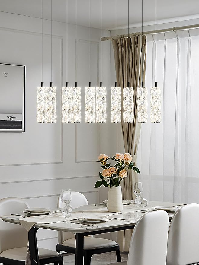 ykolupty Modern Crystal Chandelier 10-Lights Rectangle Pendant Light LED Dimmable Black Linear Chandelier Flush Mount Crystal Pendant Light for Living Room Dining Room Foyer
