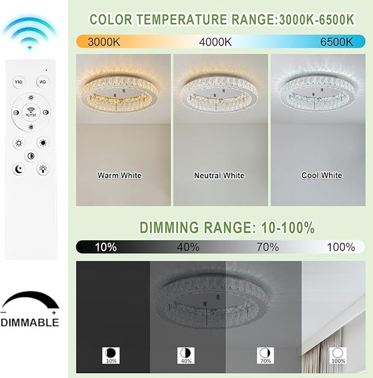 HOPGGIE 18" Crystal Chandelier with Remote Control LED Flush Mount Ceiling Light Fixtures Modern Round Ring Chandelier Light for Living Room Bedroom Dining Room (dimmable)