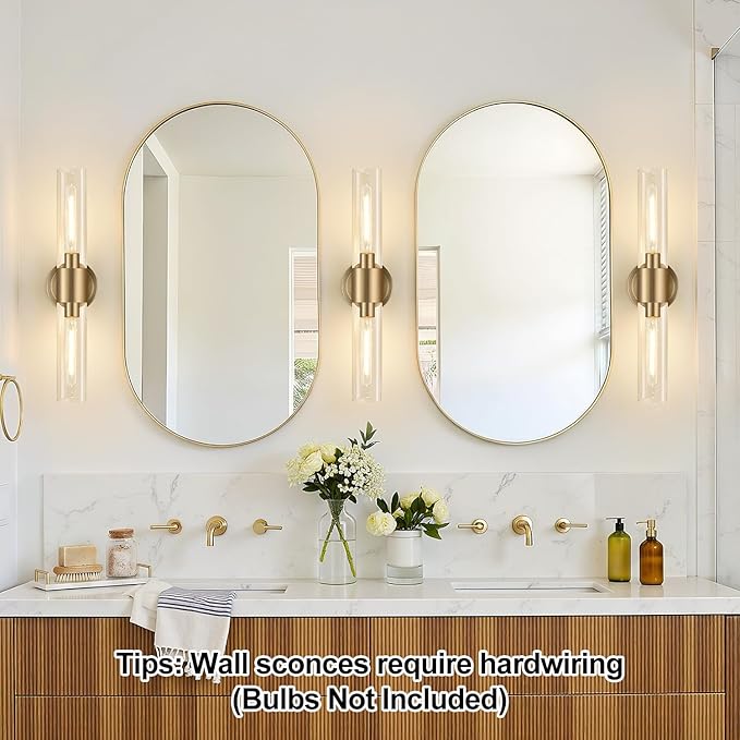 Wall Sconces Set of Two, Modern Bathroom Sconces Wall Lighting with & Clear Glass Glass, Brass Sconces Wall Decor Set of 2 for Bathroom Mirror Bedroom Living Room Hallway