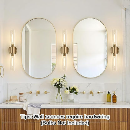 Wall Sconces Set of Two, Modern Bathroom Sconces Wall Lighting with & Clear Glass Glass, Brass Sconces Wall Decor Set of 2 for Bathroom Mirror Bedroom Living Room Hallway