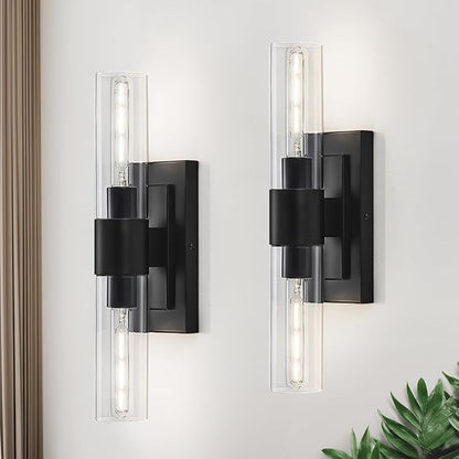 Black Wall Sconces Set of Two,Modern Bathroom Light Fixtures,2-Light Sconces Wall Lighting with Thickened Tempered Clear Glass,19 in Indoor Hardwired Wall Lights for Bedroom,Mirror, E26 Base