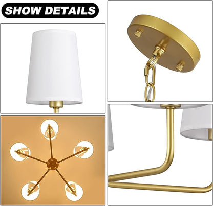 Modern Farmhouse Chandelier, 5-Light Gold Chandelier White Fabric Shade, Height Adjustable Industrial Pendant Light for Kitchen Over Table, 25‘’Dining Room Light Fixture for Living Room