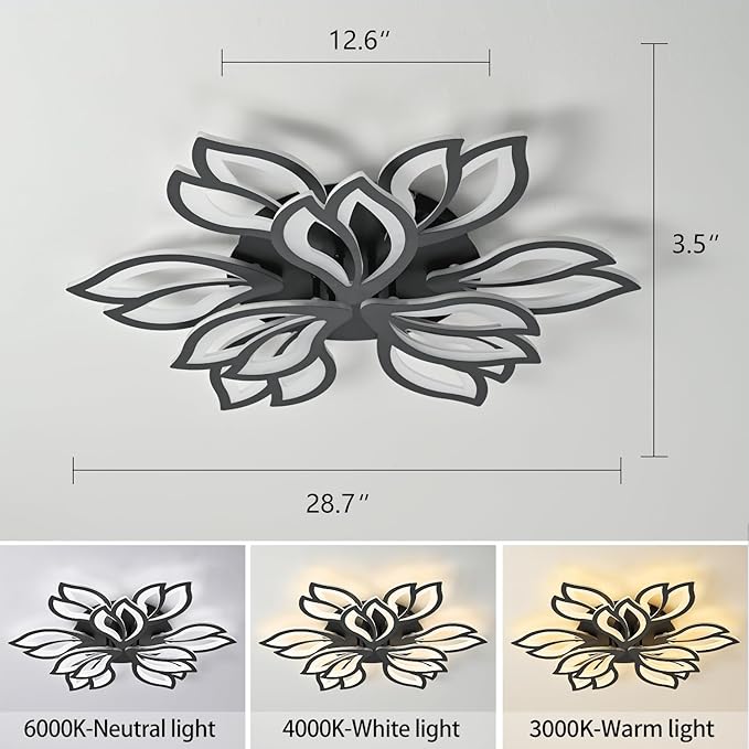 28" Black Modern Flower Dimmable Ceiling Light Fixture, 9 Leaves Low Profile Flush Mount Ceiling Light for Living Room Dining Room Bedroom