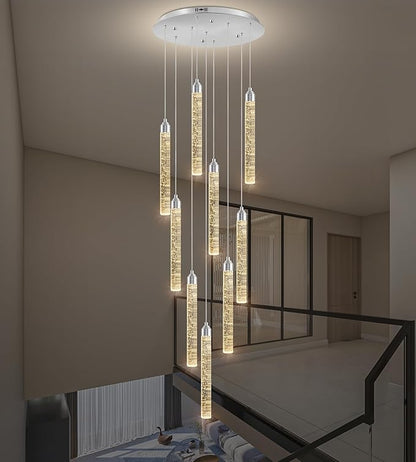 Crystal Staircase Chandelier, Modern Chrome Spiral Dimmable LED Cluster Raindrop Foyer Chandelier Lighting, Bubble Living Room Hanging Light Fixture 9 Light Remote Control