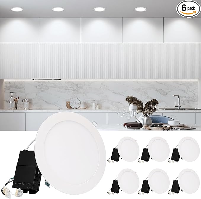 TORCHSTAR Premium Series 8 Inch Ultra-Thin LED Recessed Ceiling Light with J-Box, 18W 10%-100% Dimmable Recessed Downlight, Aluminum, 5000K Daylight, CRI90, ETL Listed, White, Pack of 6