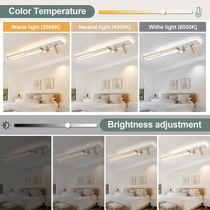 EIDISUNY Modern LED Ceiling Light Remote Control, 39.3in Linear Ceiling Light with 2 Adjustable Spotlights 65W, Dimmable 3CCT, Gold Long Ceiling Light Fixture for Bedroom Kitchen Living Room