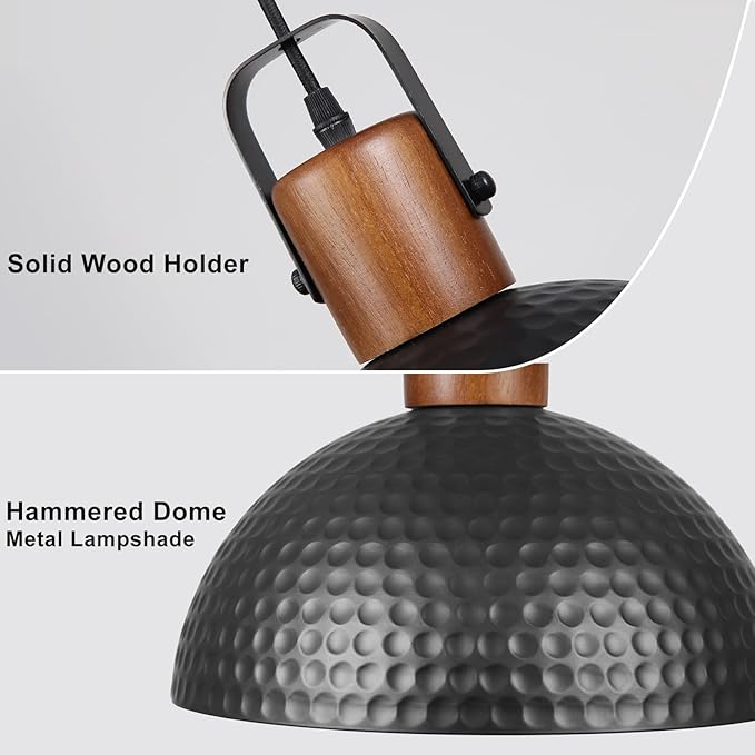 Black Pendant Light, 11.8" Hammered Metal Ceiling Hanging Light Fixture,Solid Wood Dome Pendant Lighting,Modern Industrial Chandelier for Kitchen Island, Dining Table, Restaurant, Farmhouse, Hallway