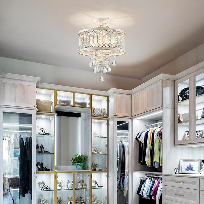 Crystal Ceiling Light Fixture, Modern Semi Flush Mount Ceiling Light, Farmhouse Crystal Chandeliers for Dining Room Light Fixture, Hallway Lighting Fixtures for Kitchen Bedroom Bathroom Foyer Entryway
