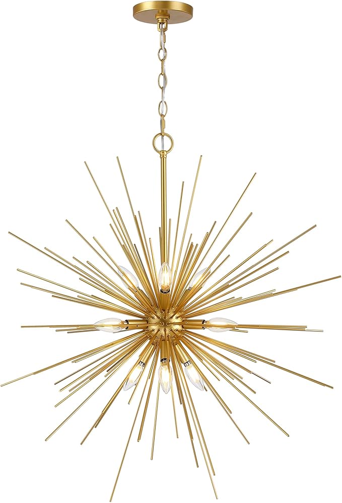 Untrammelife 33in Modern Gold Sputnik Chandelier, 9-Light Starburst Pendant Light Fixture, Mid-Century Firework Ceiling Fixture for Entryway, Dining Room, Living Room, Bedroom, Kitchen