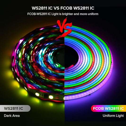 BTF-LIGHTING FCOB WS2811 IC RGB COB LED Strip 864LED/m Flexible High Density Color Chasing Uniform Light DC24V 16.4FT 24IC/m 12mm Width for DIY Lighting Projects(No Adapter or Controller)