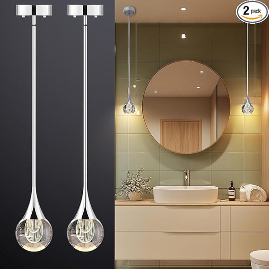 2-Pendant Lights Kitchen Island, Silver Crystal Globe Ceiling Hanging Light Fxitures, LED Light Fixtures Metal Rod Ceiling Glass Pendant Lighting for Kitchen Island Dining Room Bar