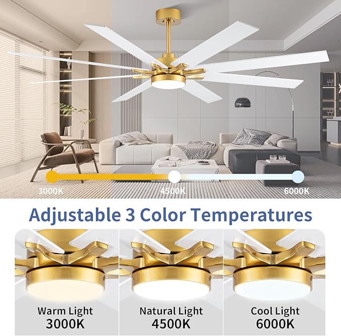 LANMEL 72'' Ceiling Fan with Lights and Remote, Low Profile Modern Ceiling Fan Gold, 6 Speed, Reversible, 3000k-6000k LED, Quiet DC Motor for Indoor Outdoor Bedroom Living Room