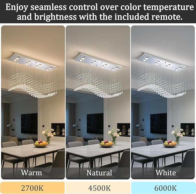 Modern Rectangle Crystal Raindrop Chandelier: 39.4" Chrome Dimmable 3 Color Led Chandeliers with Remote - Contemporary Wave Flush Mount Ceiling Light for Kitchen Island Dining Room Living Room Foyer