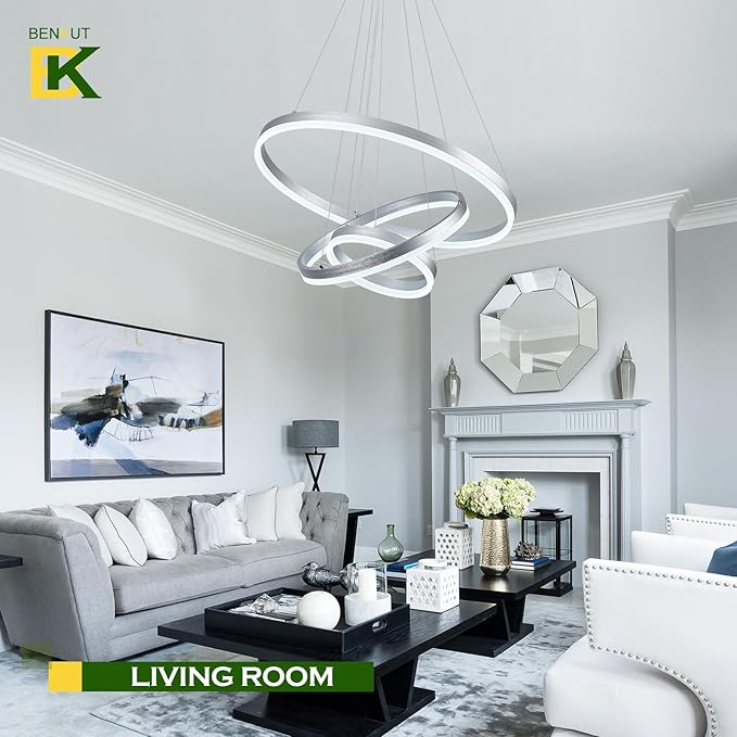 Benkut 3-Rings Modern LED Chandelier Silver Dimmable Pendant Lighting with Remote Control Circular Flush Mount High Ceiling Light for Dining Room Living Room Entrance Foyer, 3000K-6500K D23.6in