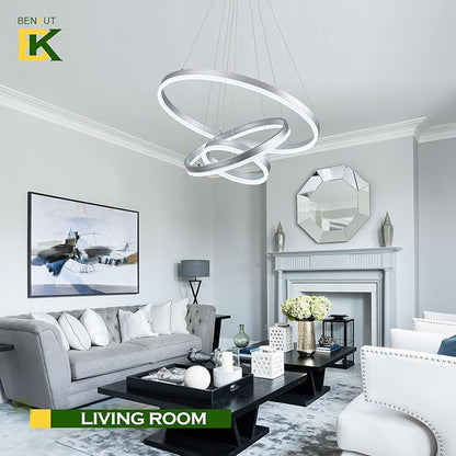 Benkut 3-Rings Modern LED Chandelier Silver Dimmable Pendant Lighting with Remote Control Circular Flush Mount High Ceiling Light for Dining Room Living Room Entrance Foyer, 3000K-6500K D23.6in