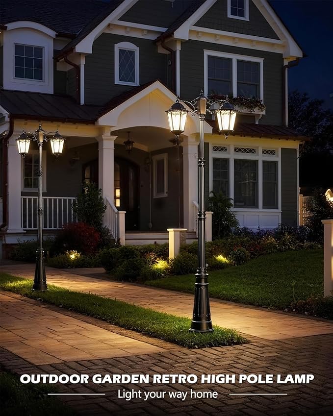 2-Head Outdoor Lamp Post Lights 94″ IP65 Waterproof Outside Black Street Light Pole with Clear Glass Shade Die-cast Aluminum Retro Pole Lights for Yard Garden Patio Path Driveway