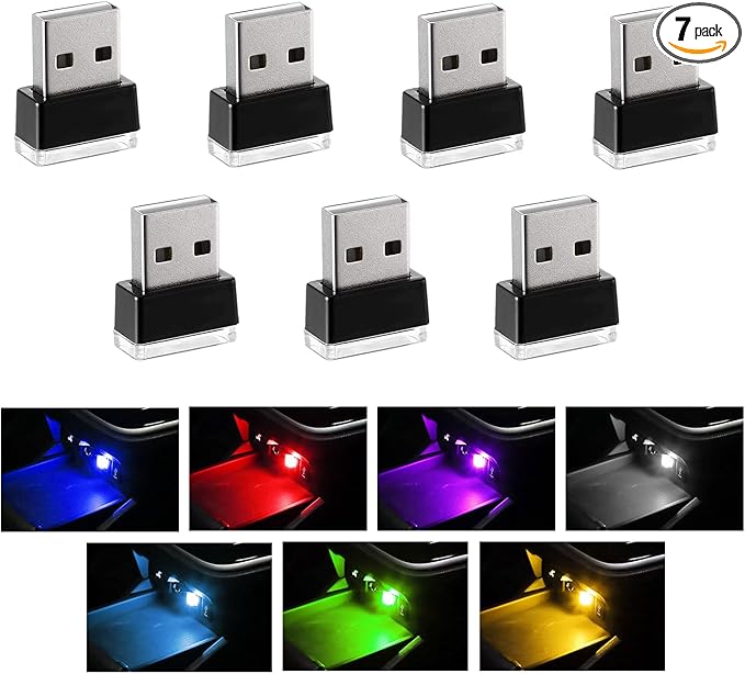 7 PCS USB LED Car Interior Atmosphere Lamp, Portable Mini LED Night Light, Plug-in USB Interface Trunk Ambient Lighting Kit, Universal Interior Car Accessories (Multicolor)