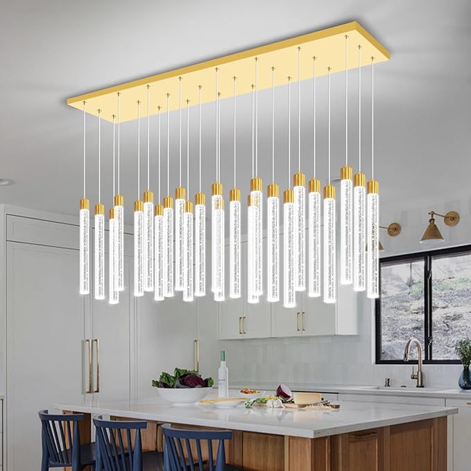 Modern Rectangular Crystal Chandeliers LED Dimmable Crystal Column Chandelier Living Room Foyer Crystals Pendant Light for Dining Room Adjustable Height 24-Light Gold