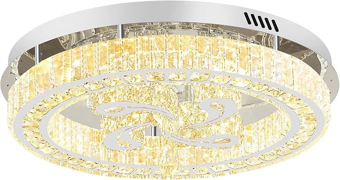 24'' Silver Modern Crystal Chandelier LED Dimmable Flush Mount Crystal Ceiling Light for Living Room Bedroom Dining Room
