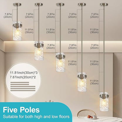 Hammered Glass Pendant Lighting for Kitchen Island 2 Pack, Modern Brushed Nickel Pendant Light Fixtures 4.72", Adjustable Ceiling Pendant Light for Kitchen Island Dining Room Hallway