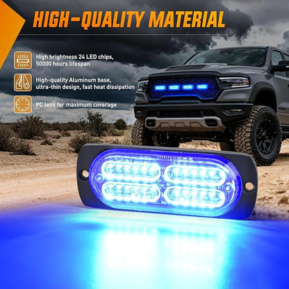 Nilight 4PCS 24LED Emergency Strobe lights 12V 24V Blue Surface Mount Grille Hazard Safety Warning Light Sync Feature Side Flashing Marker Flash for Car Truck Campers
