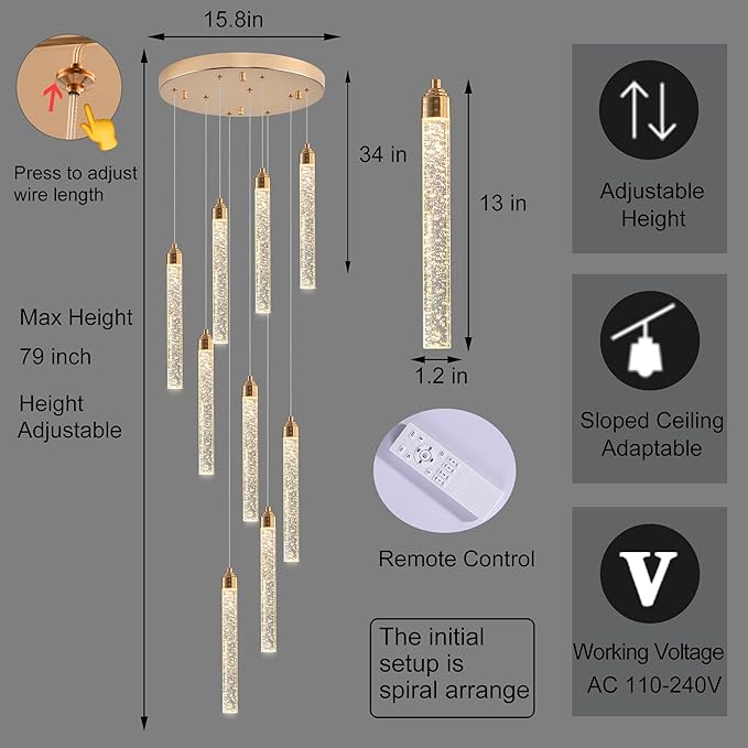 Crystal Staircase Chandelier, Modern Gold Spiral Dimmable LED Cluster Raindrop Foyer Chandelier Lighting, Bubble Living Room Hanging Light Fixture 9 Light Remote Control