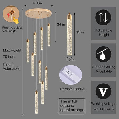 Crystal Staircase Chandelier, Modern Gold Spiral Dimmable LED Cluster Raindrop Foyer Chandelier Lighting, Bubble Living Room Hanging Light Fixture 9 Light Remote Control