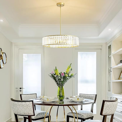 5-Light Gold Crystal Chandelier for Dining Room, Modern Semi Flush Mount Chandelier Lighting Fixtures, Round Kitchen Hanging Drum Pendant Lights Ceiling for Living Room Bedroom Entryway Foyer， 20 Inch