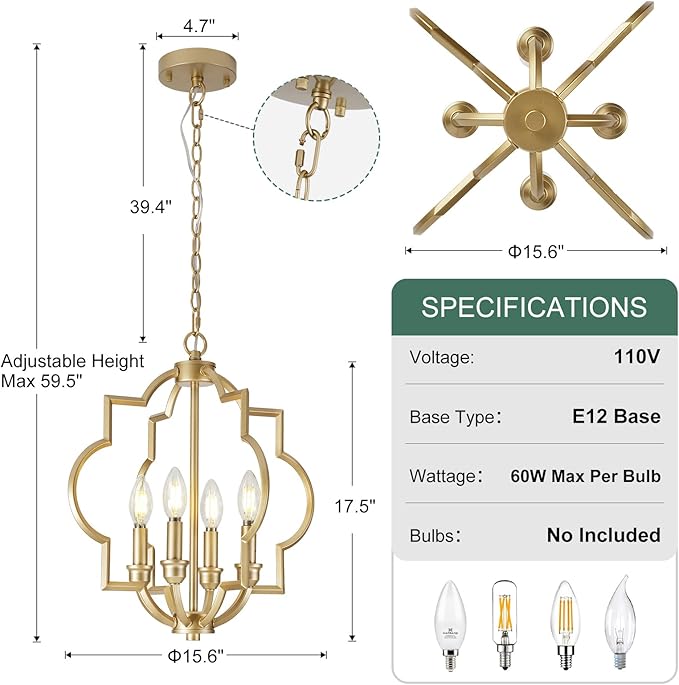 4-Light Small Gold Chandelier, 15.6 inch Farmhouse Light Fixtures for Dining Room, Champagne Gold Pendant Light for Entryway Foyer Kitchen Island