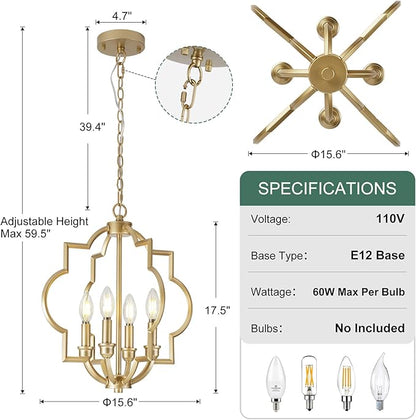 4-Light Small Gold Chandelier, 15.6 inch Farmhouse Light Fixtures for Dining Room, Champagne Gold Pendant Light for Entryway Foyer Kitchen Island