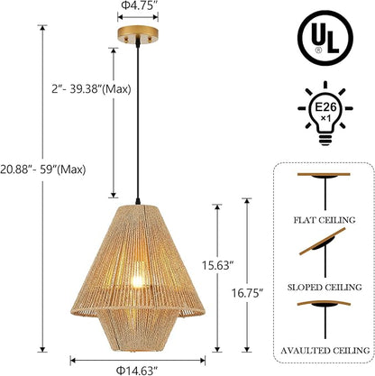 15” Boho Hand Woven Rattan Pendant Light Classic Coastal Chandelier for Kitchen Island Dining Room Hallway, UL Listed