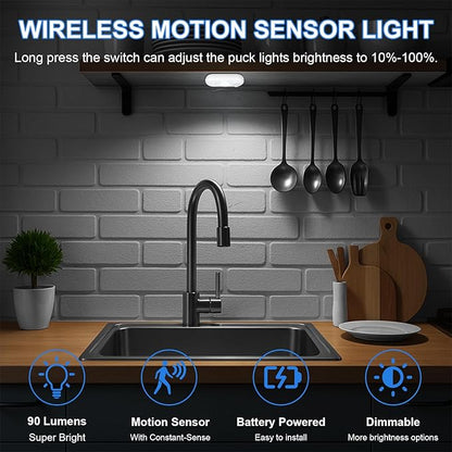 LED Motion Sensor Light Indoor, Magnetic Under Cabinet Lighting Daylight White, Dimmable Rechargeable Puck Lights for Closet, Kitchen, Stairs(4 Pack)