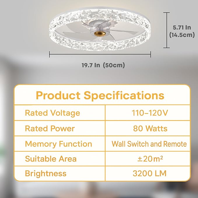 Fszdorj 20'' Ceiling Fan with Light, Upgraded Low Profile Fan, Flush Mount Ceiling Fan, 6 Speeds, Dimmable LED, App & Remote Control, Quiet DC Motor, for Bedroom, Living Room, F098 White
