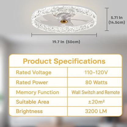 Fszdorj 20'' Ceiling Fan with Light, Upgraded Low Profile Fan, Flush Mount Ceiling Fan, 6 Speeds, Dimmable LED, App & Remote Control, Quiet DC Motor, for Bedroom, Living Room, F098 White