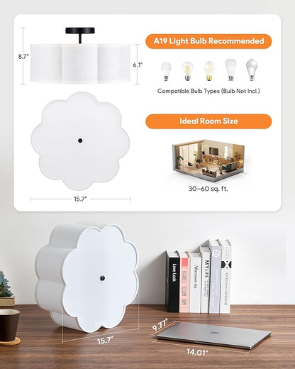 VONLUCE Semi-Flush Mount Ceiling Light, 15.7" Modern 3-Light Ceiling Light Fixture with White Petal-Shaped Shade 3 E26 Sockets for Bedroom Entryway Living Room, Black Finish, ETL Certificated