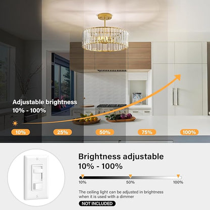 YURNYQ Glod Crystal Ceiling Light Fixture, Modern Semi Flush Chandelier, Round Hanging Lighting Chandeliers for Dining Room, Kitchen, Bedroom, 3-Light, 15.74 Inch