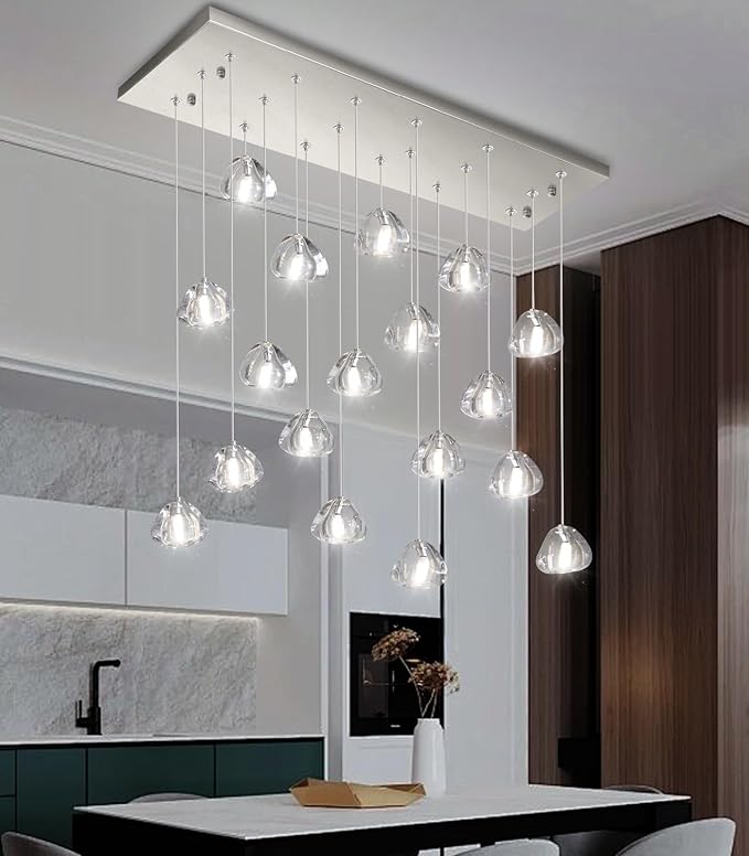 HAIXIANG W35 x D11.8 x H118 Rectangular Chandelier Bubble Crystal Balls Glam Chandeliers Dimmable Light High Ceiling Pendants Light Fixtures Adjustable Long Lights Brushed Nickel