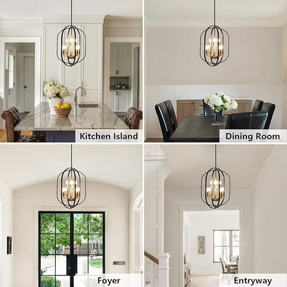 Black and Gold Chandelier for Dining Room, 8-Light Farmhouse Entryway Light Fixture Adjustable Pendant Lights Kitchen Island Rustic Kitchen Chandelier for Entryway, Living Room, Foyer